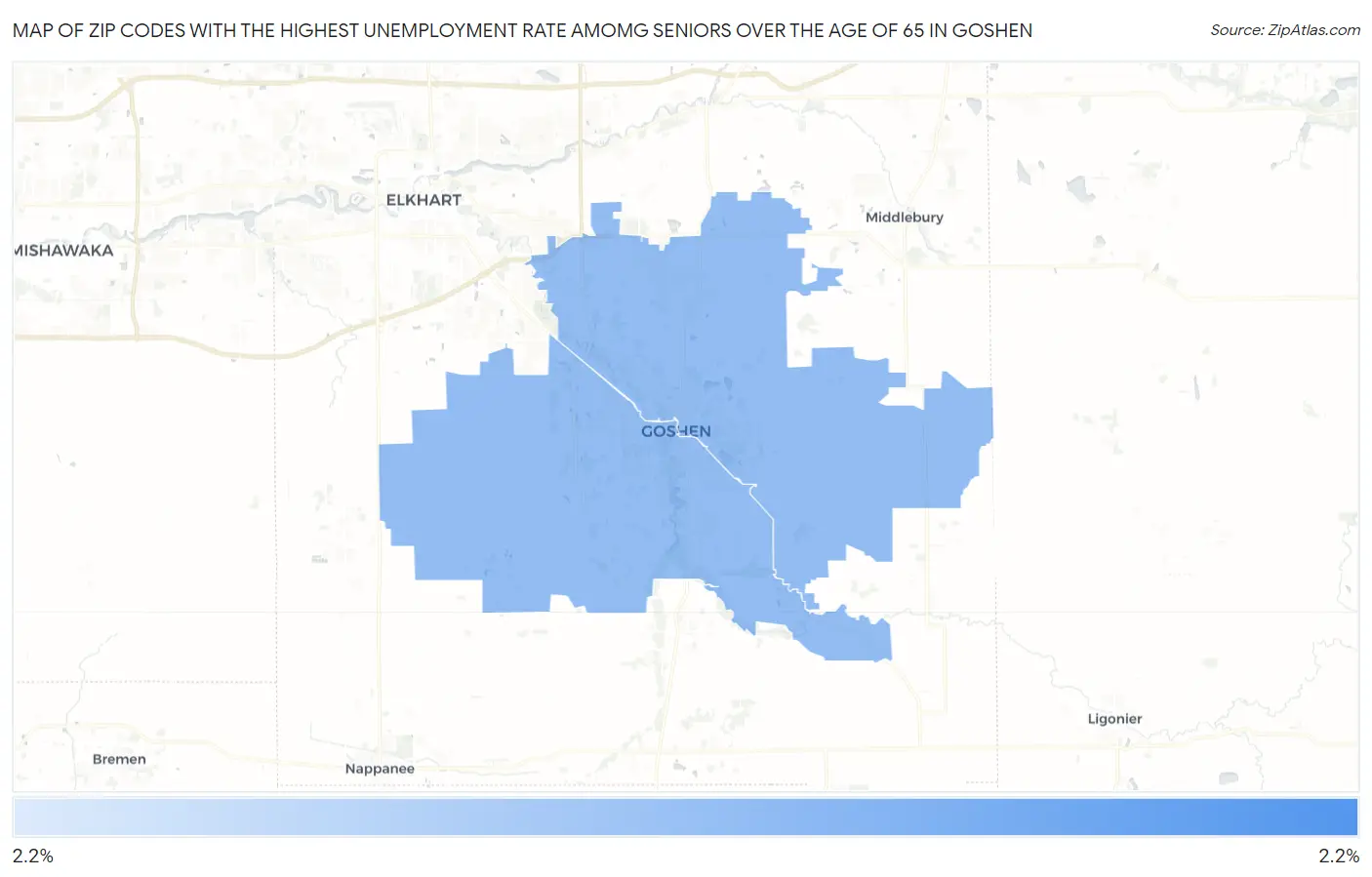 Zip Codes with the Highest Unemployment Rate Amomg Seniors Over the Age of 65 in Goshen Map