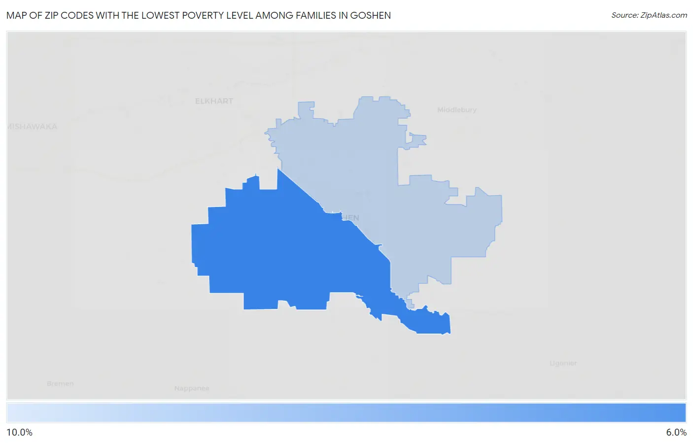 Zip Codes with the Lowest Poverty Level Among Families in Goshen Map