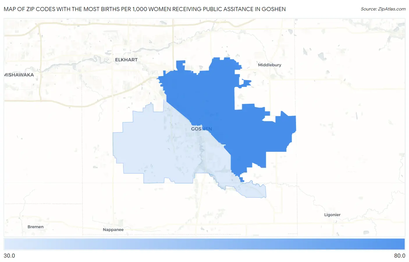 Zip Codes with the Most Births per 1,000 Women Receiving Public Assitance in Goshen Map