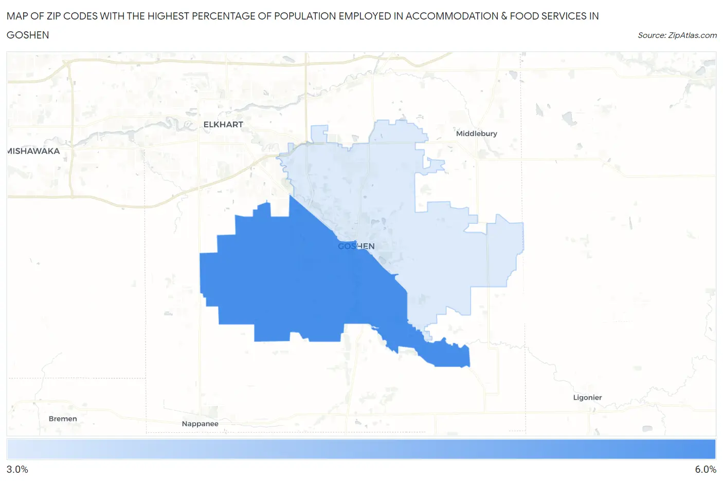 Zip Codes with the Highest Percentage of Population Employed in Accommodation & Food Services in Goshen Map