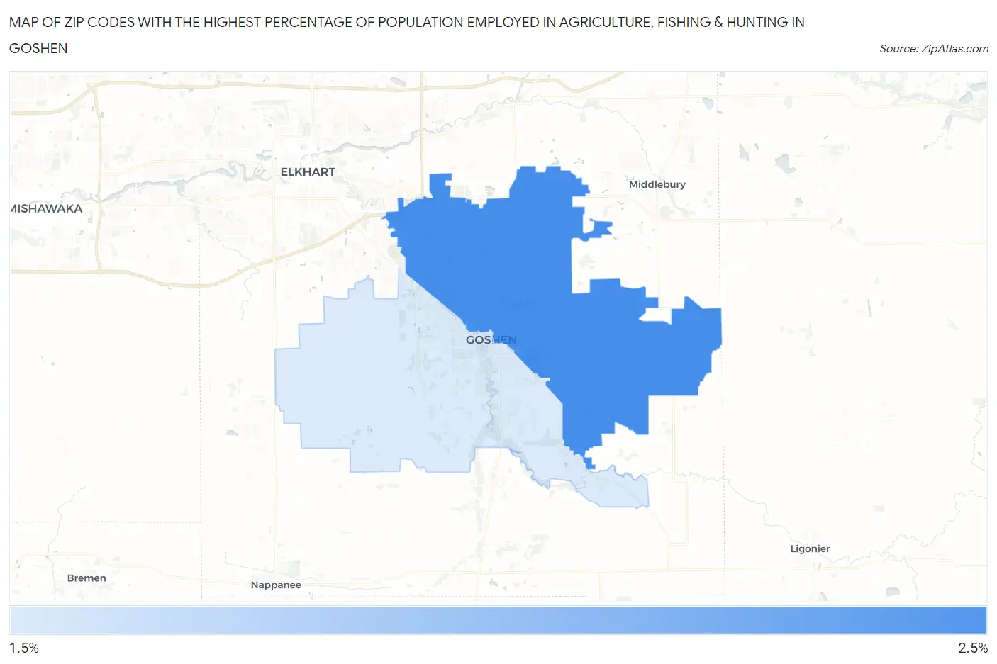 Zip Codes with the Highest Percentage of Population Employed in Agriculture, Fishing & Hunting in Goshen Map
