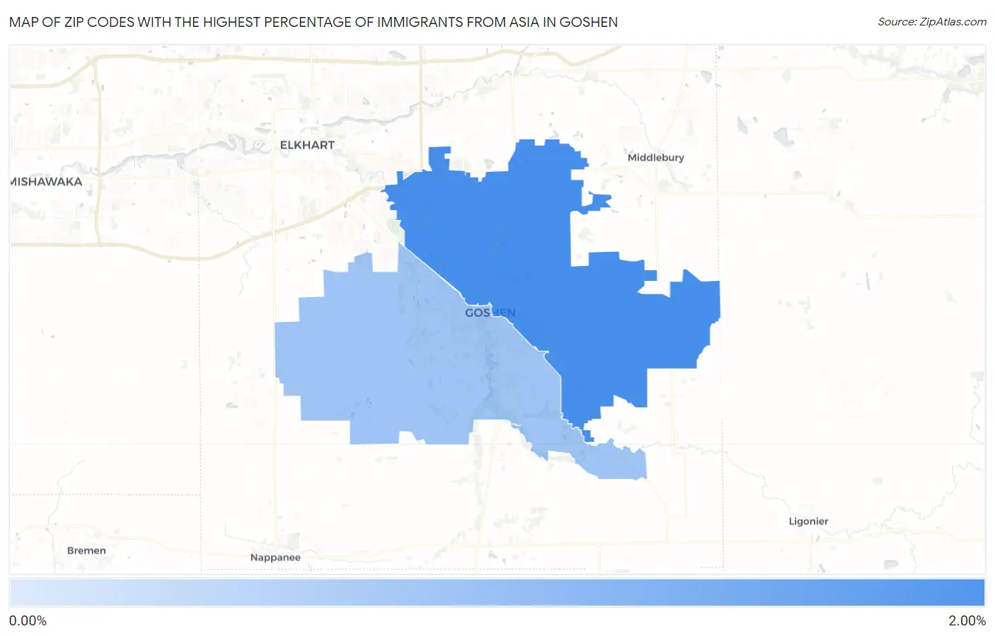 Zip Codes with the Highest Percentage of Immigrants from Asia in Goshen Map