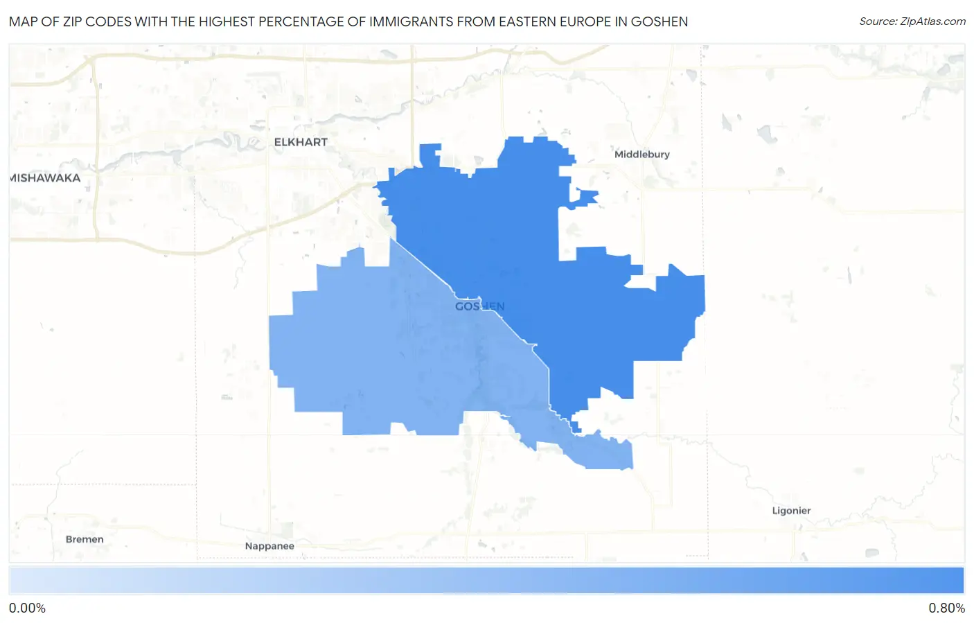 Zip Codes with the Highest Percentage of Immigrants from Eastern Europe in Goshen Map