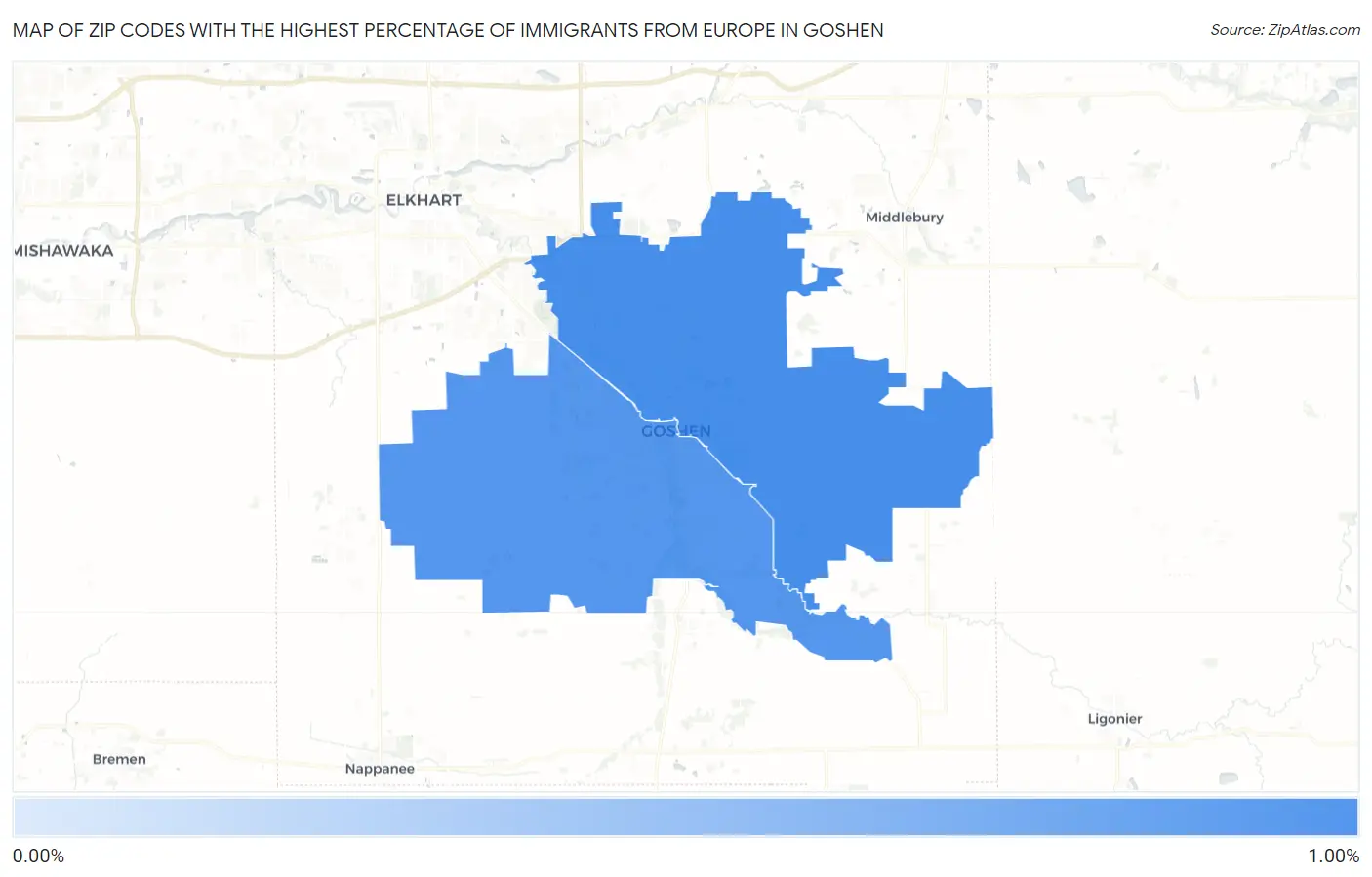 Zip Codes with the Highest Percentage of Immigrants from Europe in Goshen Map
