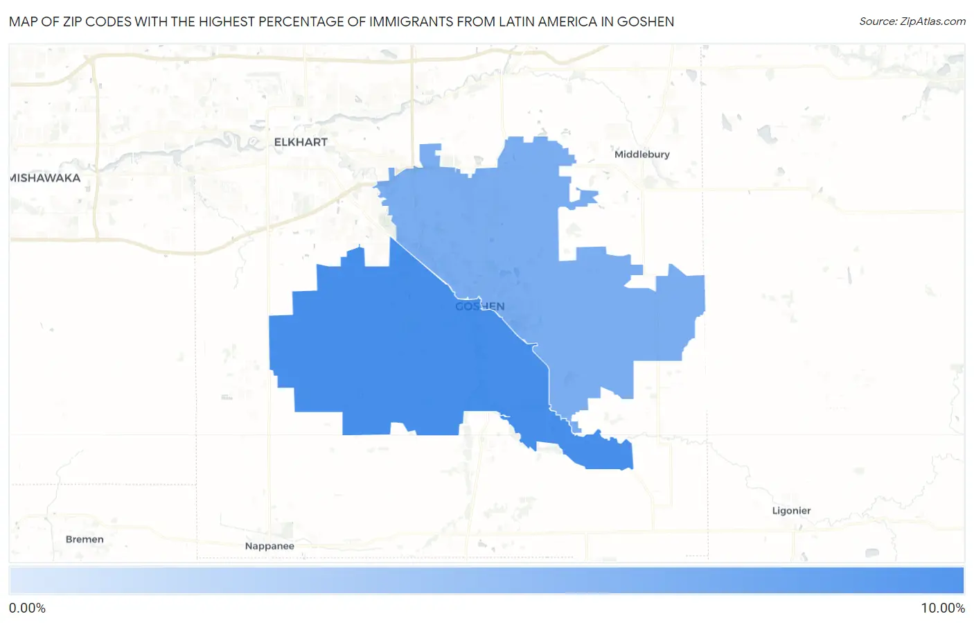 Zip Codes with the Highest Percentage of Immigrants from Latin America in Goshen Map