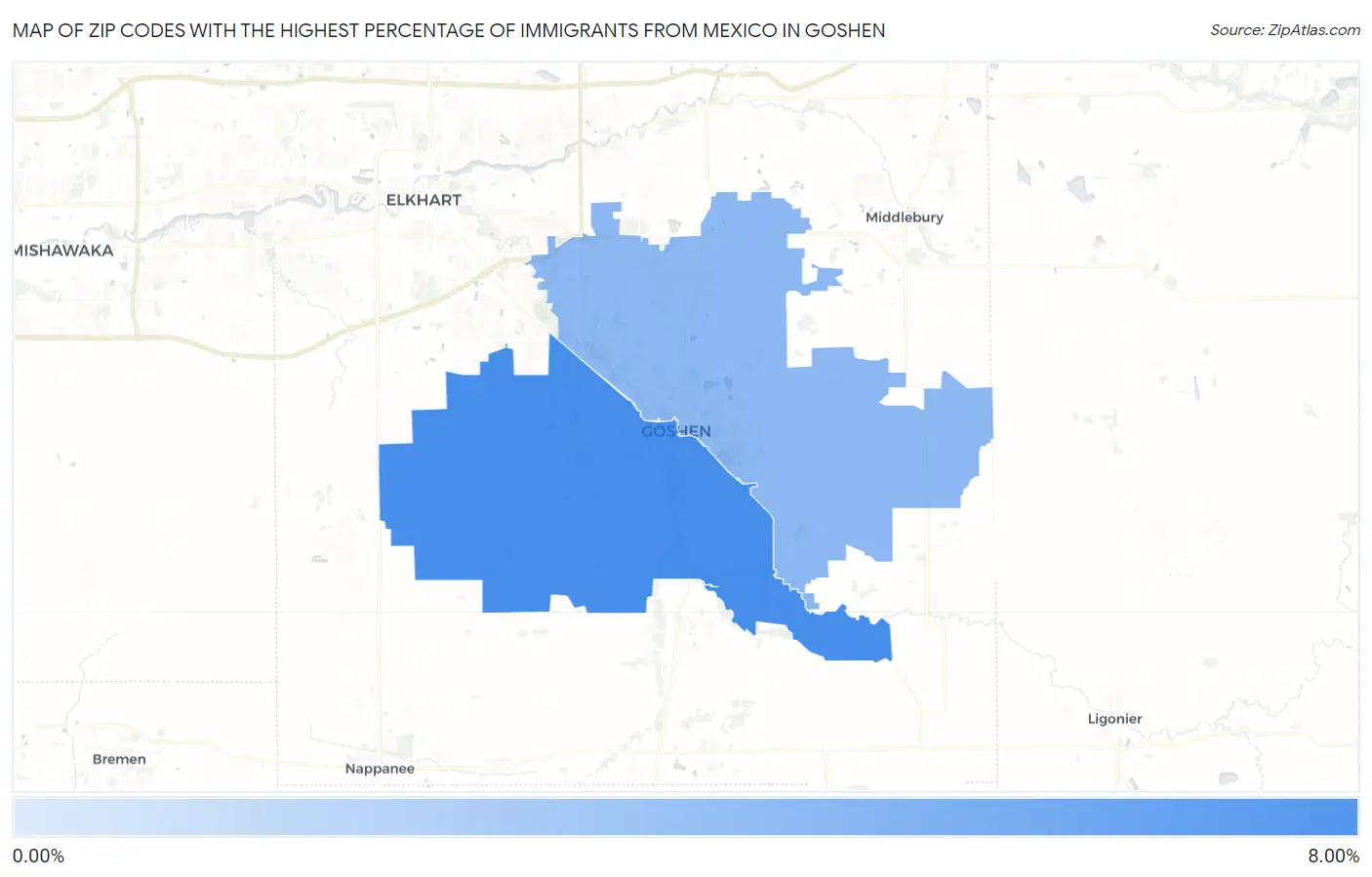Zip Codes with the Highest Percentage of Immigrants from Mexico in Goshen Map