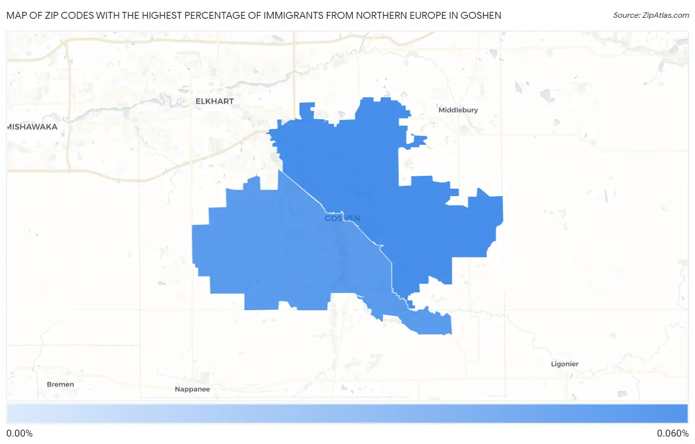 Zip Codes with the Highest Percentage of Immigrants from Northern Europe in Goshen Map