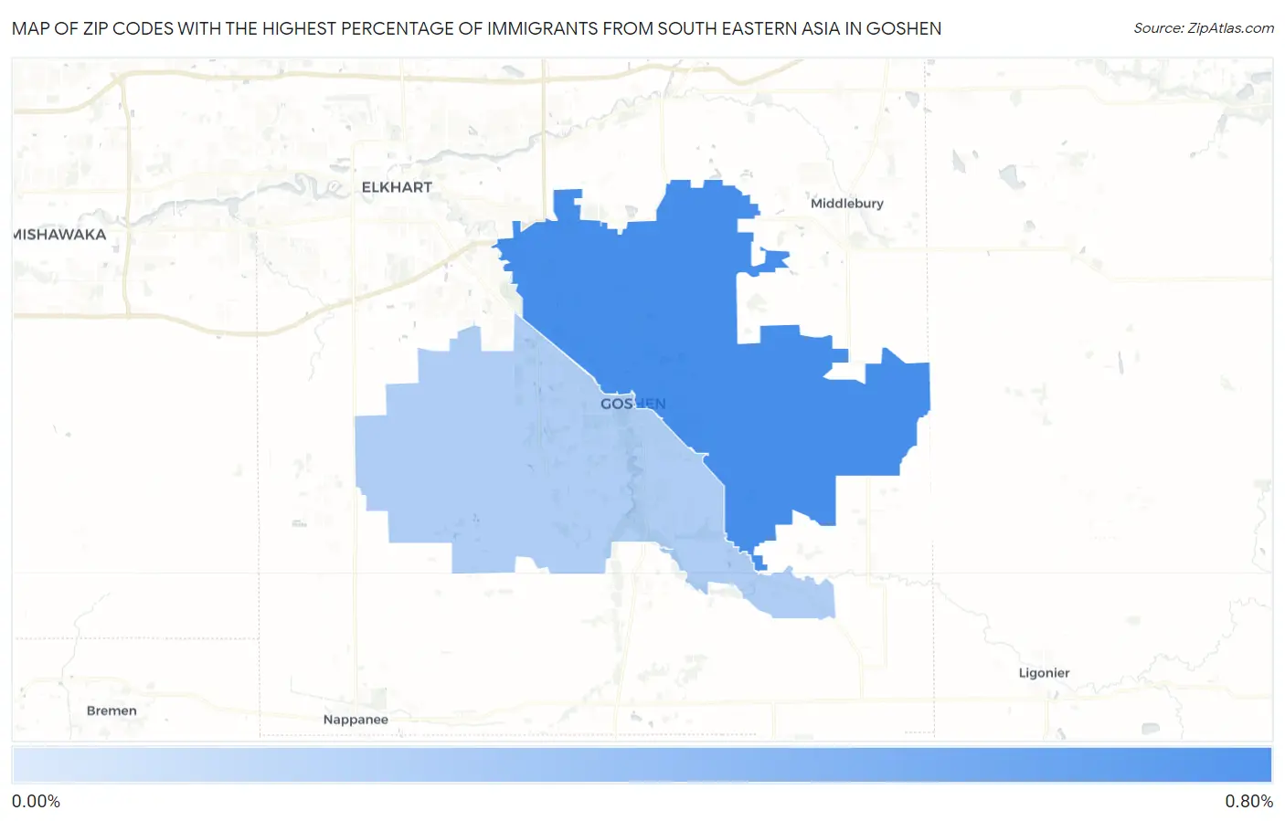 Zip Codes with the Highest Percentage of Immigrants from South Eastern Asia in Goshen Map