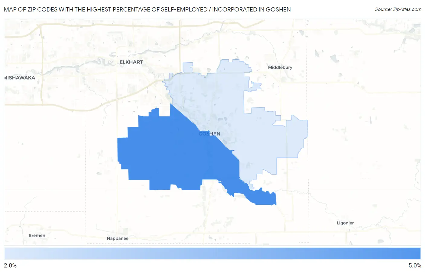 Zip Codes with the Highest Percentage of Self-Employed / Incorporated in Goshen Map