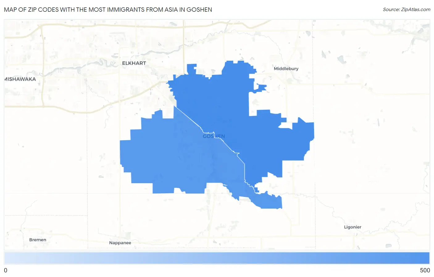 Zip Codes with the Most Immigrants from Asia in Goshen Map