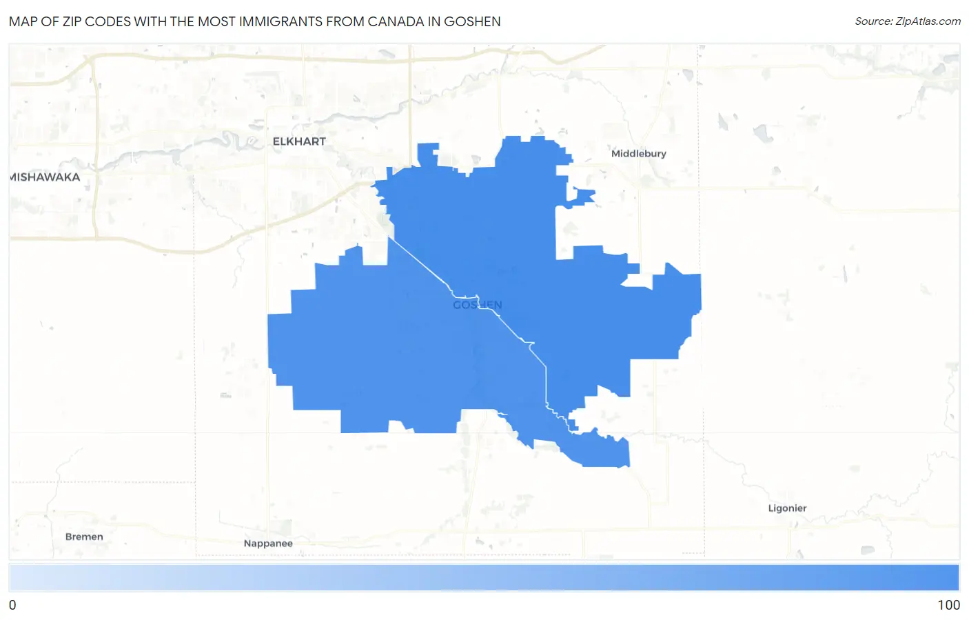 Zip Codes with the Most Immigrants from Canada in Goshen Map