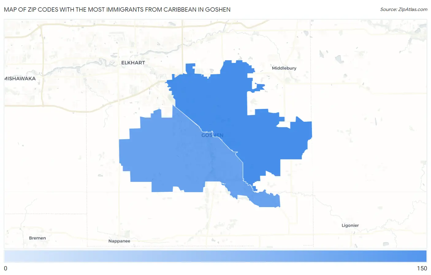 Zip Codes with the Most Immigrants from Caribbean in Goshen Map