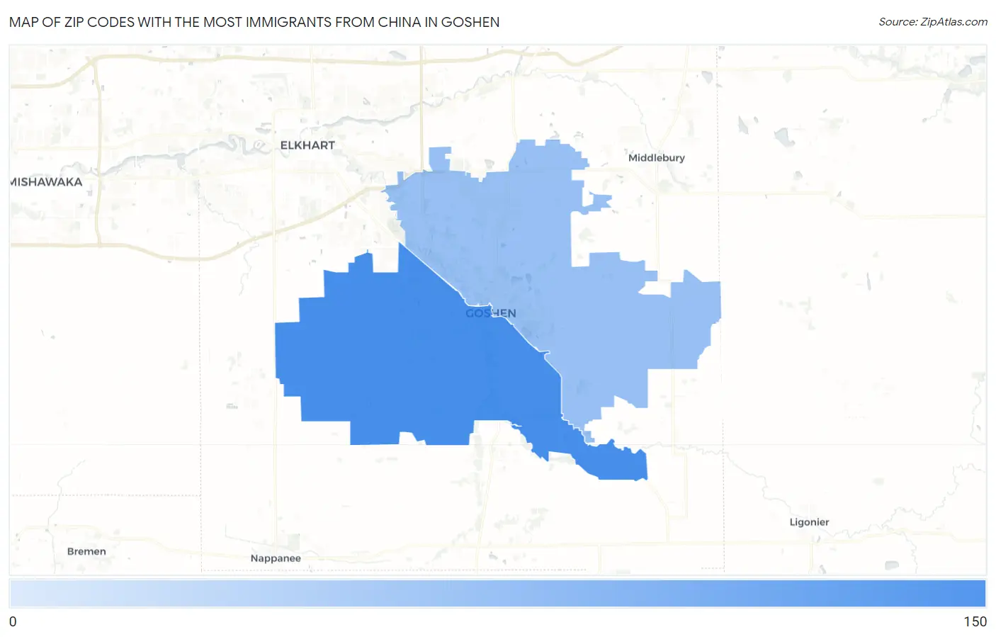 Zip Codes with the Most Immigrants from China in Goshen Map