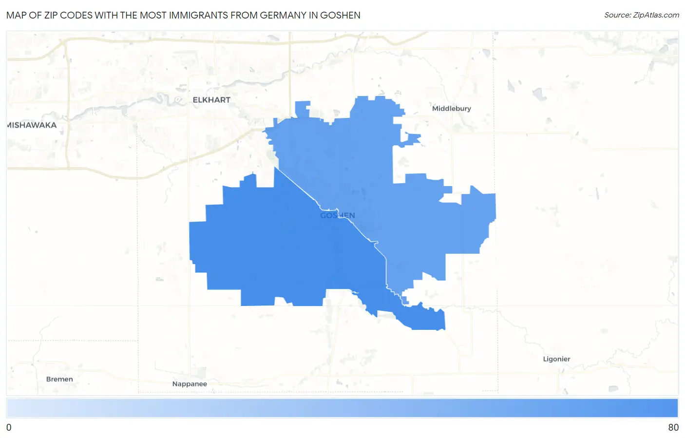 Zip Codes with the Most Immigrants from Germany in Goshen Map
