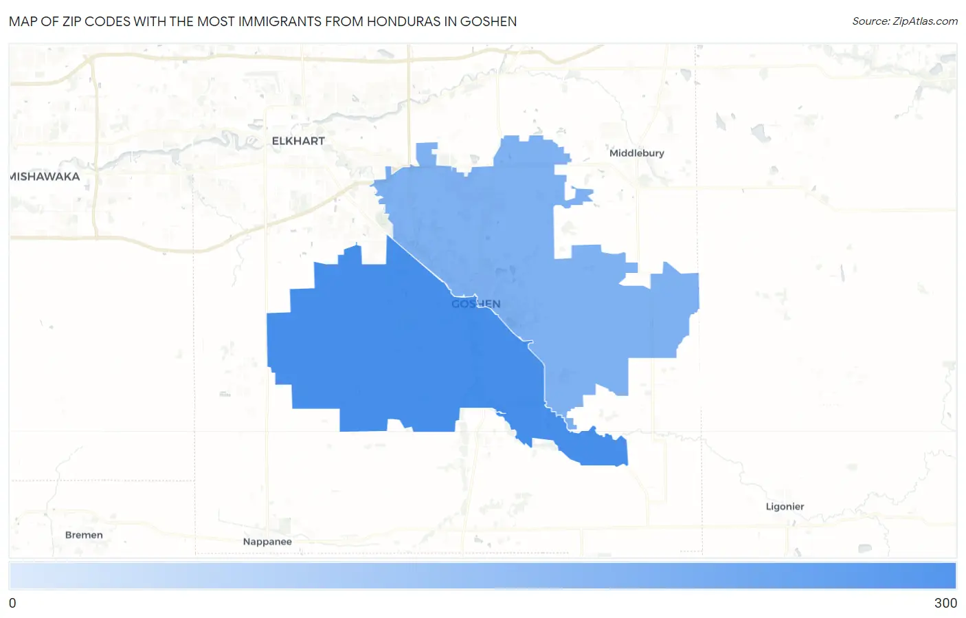 Zip Codes with the Most Immigrants from Honduras in Goshen Map