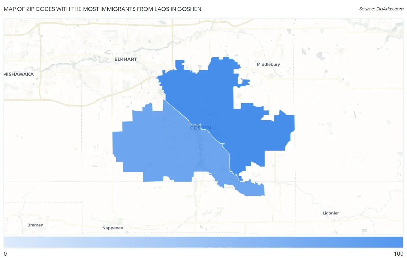 Zip Codes with the Most Immigrants from Laos in Goshen Map