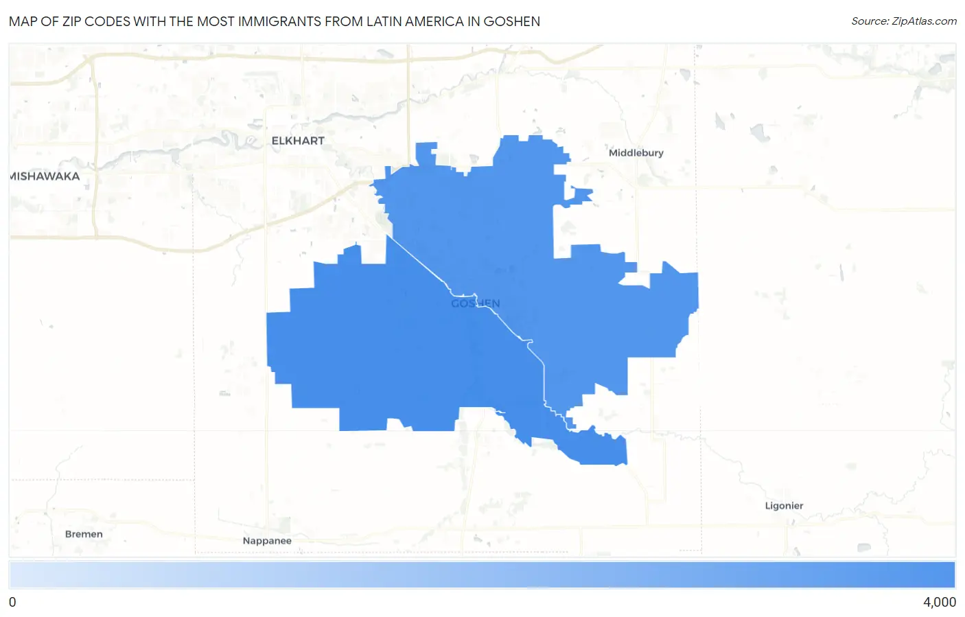 Zip Codes with the Most Immigrants from Latin America in Goshen Map
