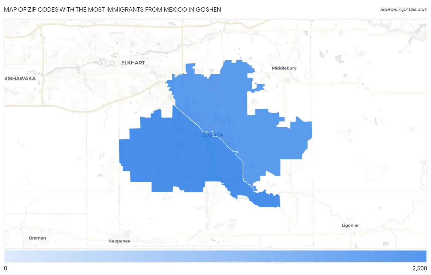 Zip Codes with the Most Immigrants from Mexico in Goshen Map