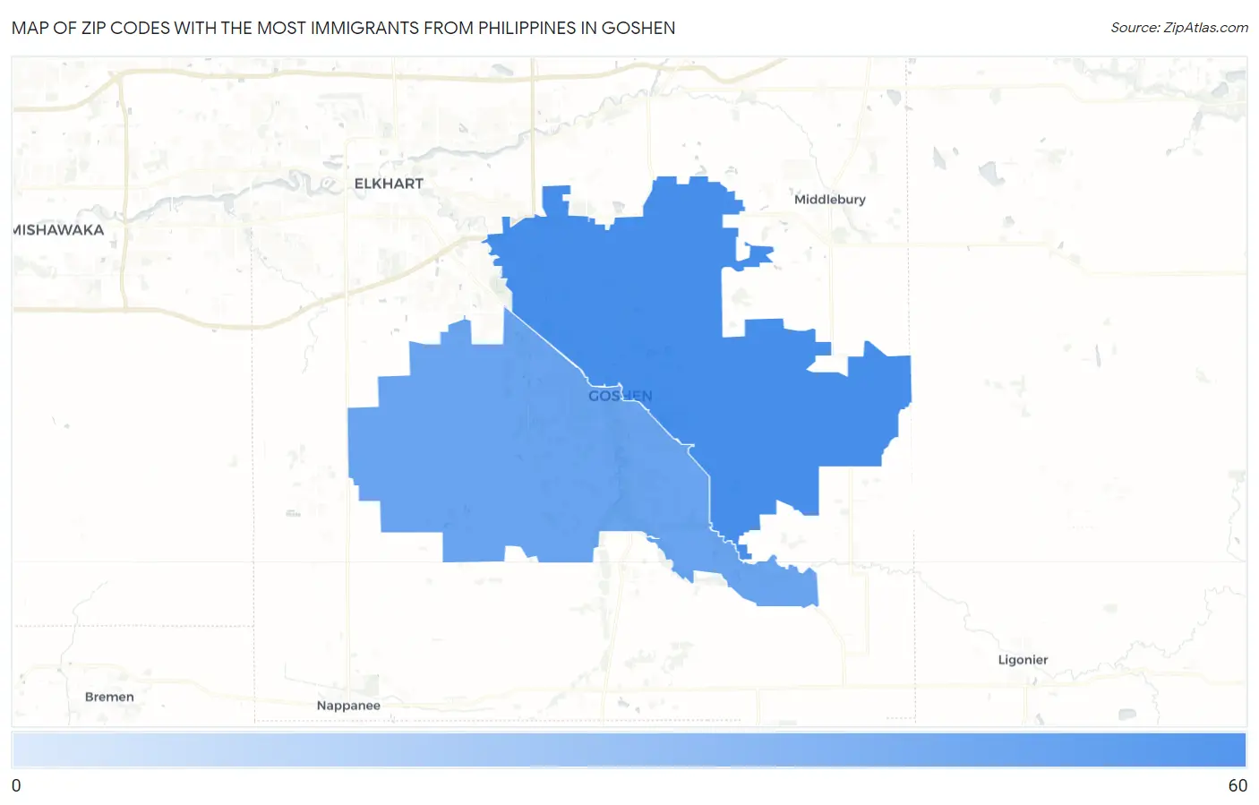 Zip Codes with the Most Immigrants from Philippines in Goshen Map