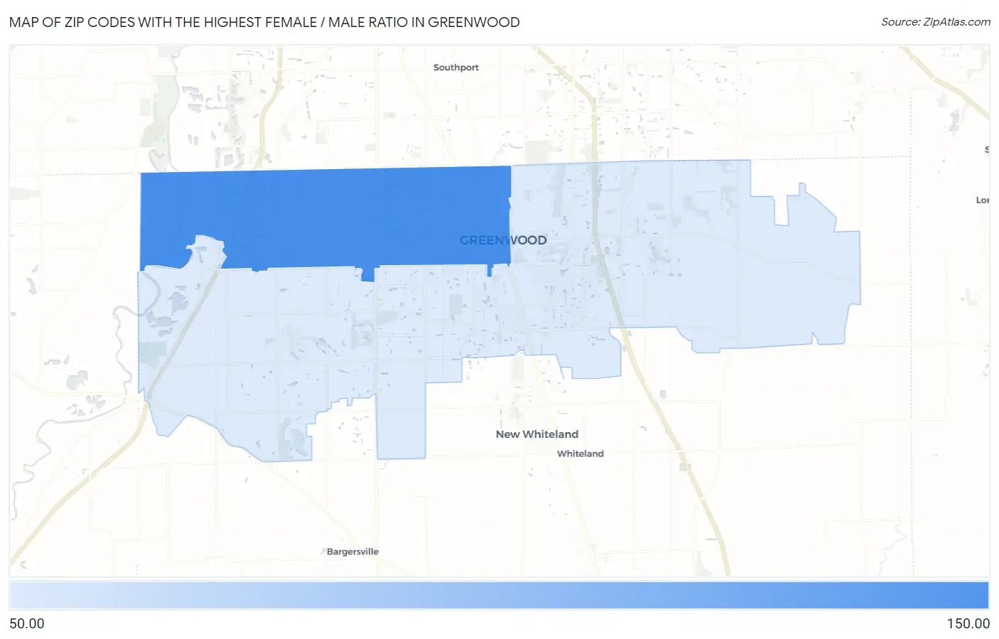 Zip Codes with the Highest Female / Male Ratio in Greenwood Map