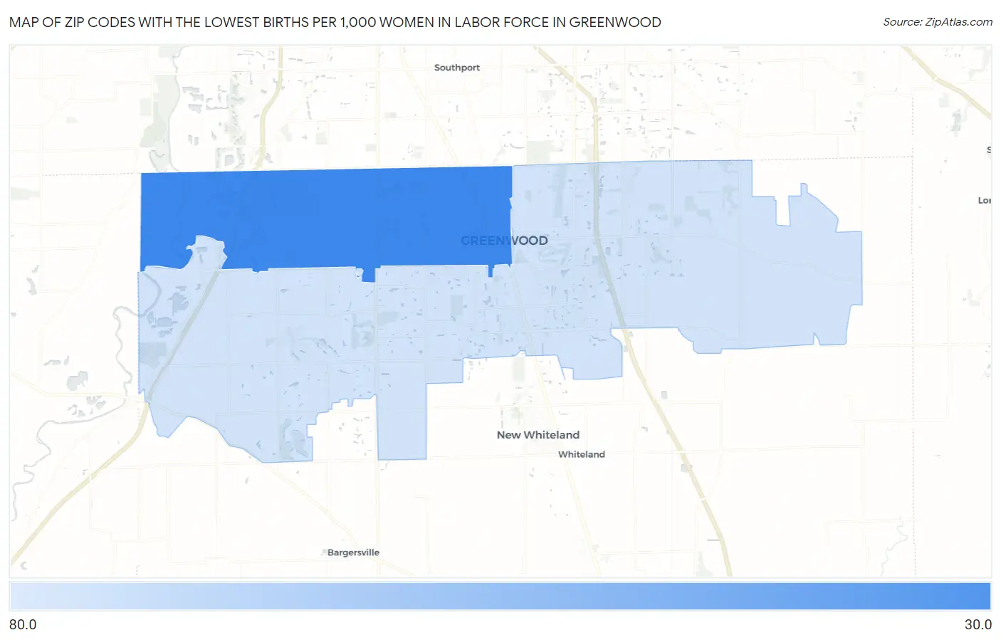 Zip Codes with the Lowest Births per 1,000 Women in Labor Force in Greenwood Map