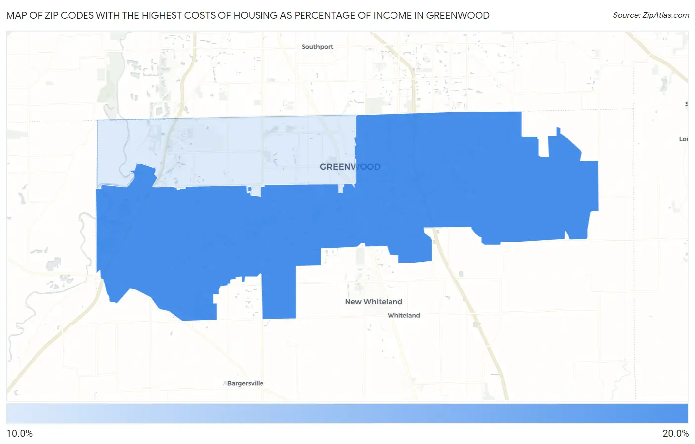 Zip Codes with the Highest Costs of Housing as Percentage of Income in Greenwood Map