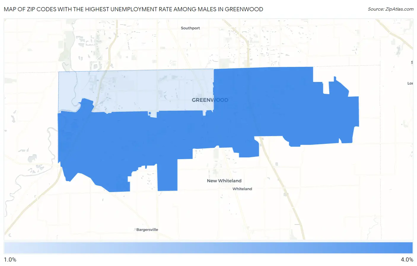 Zip Codes with the Highest Unemployment Rate Among Males in Greenwood Map