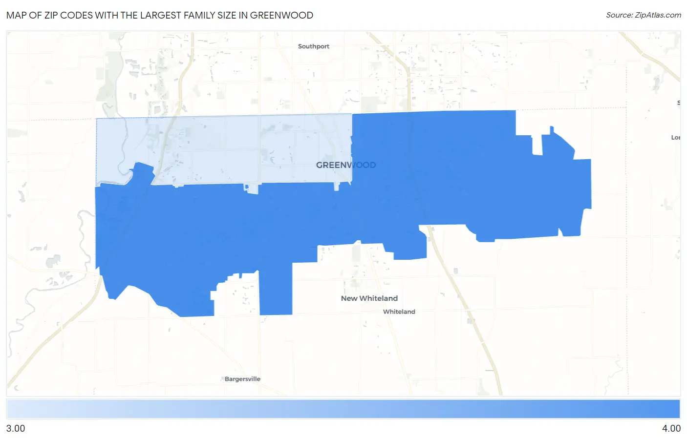Zip Codes with the Largest Family Size in Greenwood Map