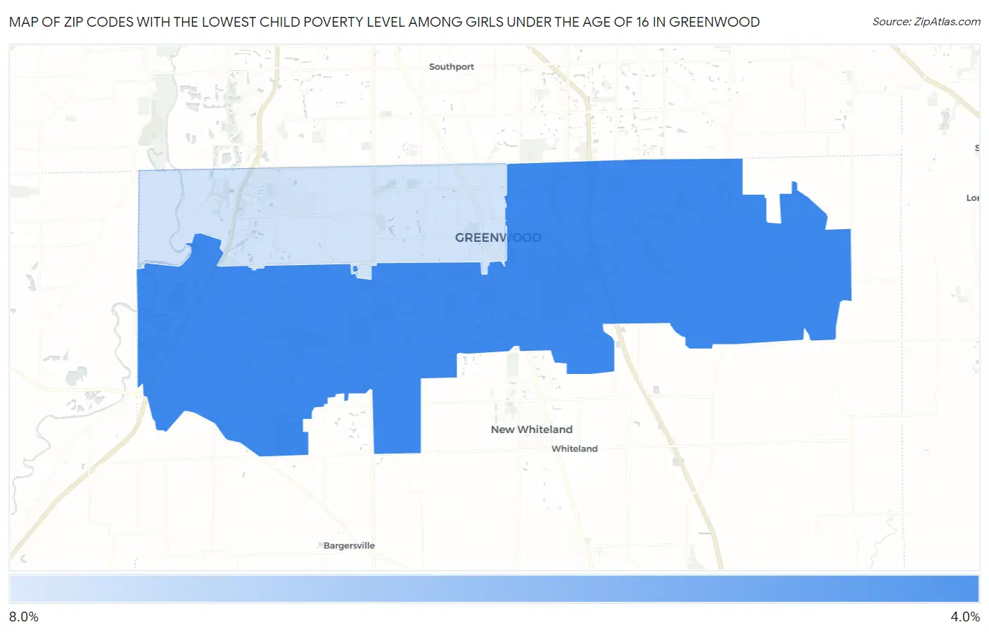 Zip Codes with the Lowest Child Poverty Level Among Girls Under the Age of 16 in Greenwood Map