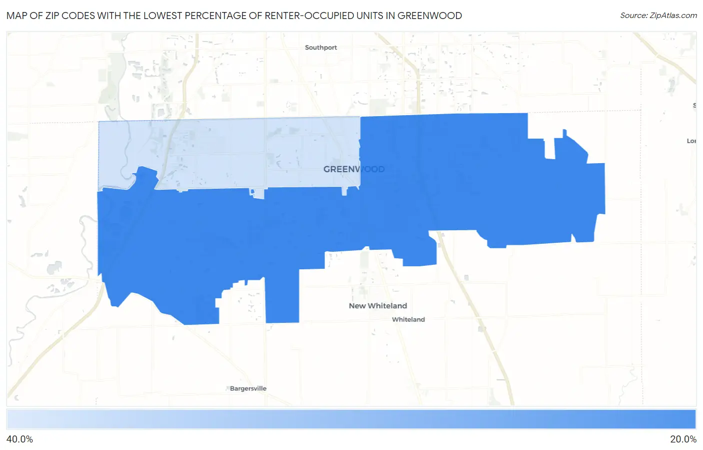 Zip Codes with the Lowest Percentage of Renter-Occupied Units in Greenwood Map
