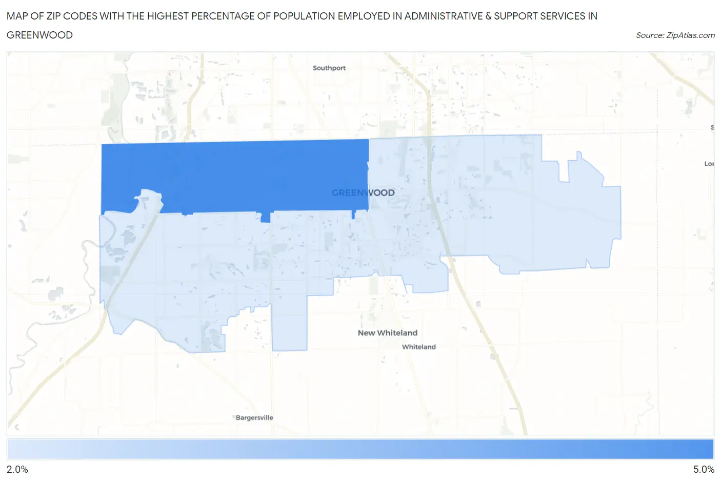 Zip Codes with the Highest Percentage of Population Employed in Administrative & Support Services in Greenwood Map
