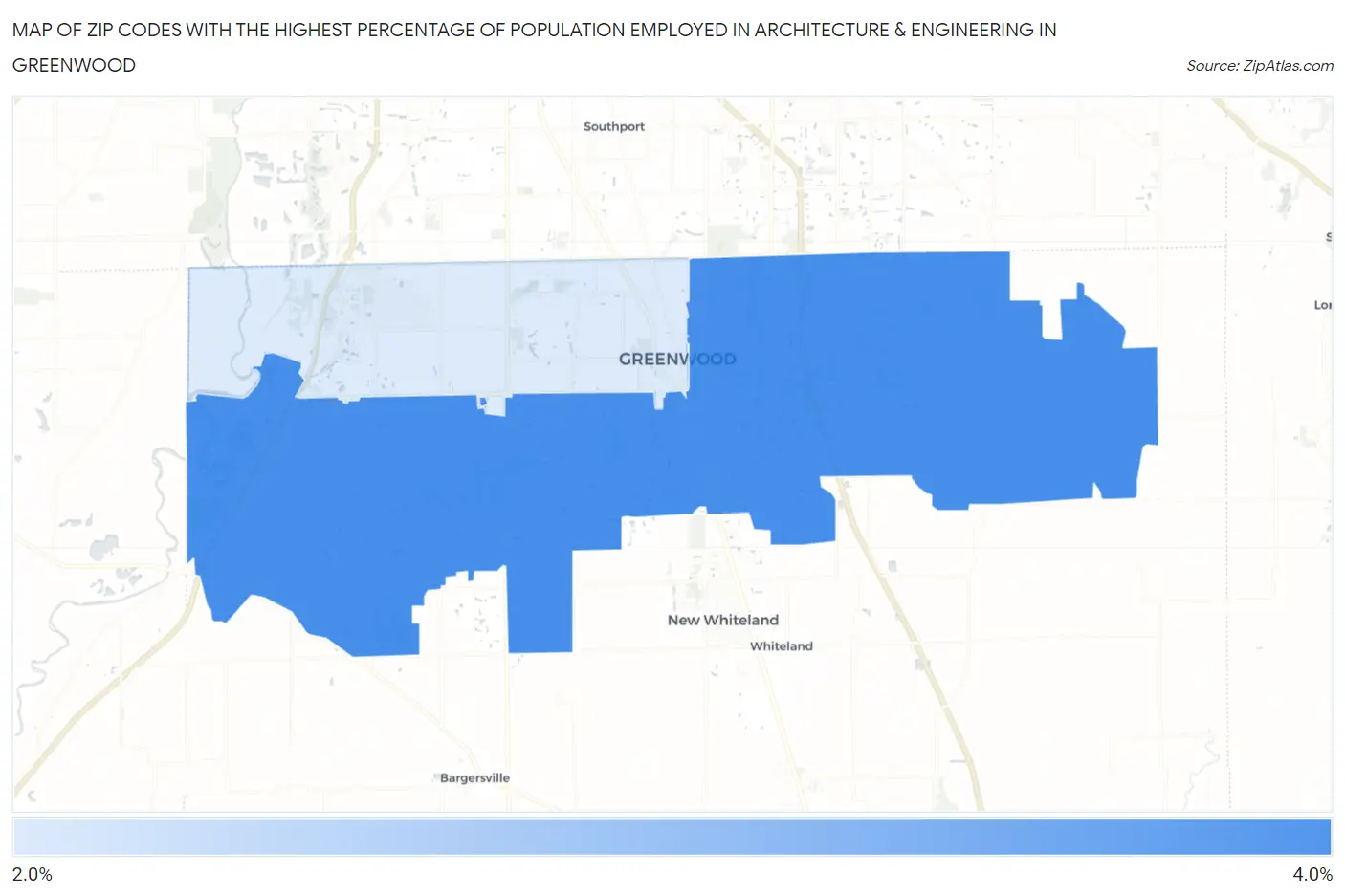 Zip Codes with the Highest Percentage of Population Employed in Architecture & Engineering in Greenwood Map