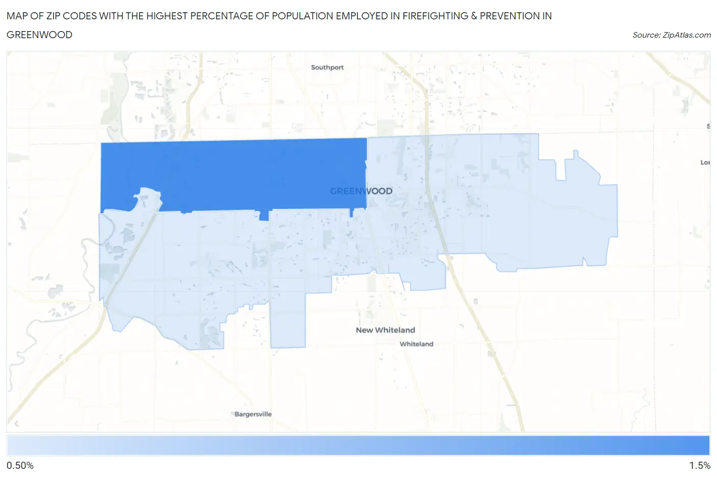Zip Codes with the Highest Percentage of Population Employed in Firefighting & Prevention in Greenwood Map