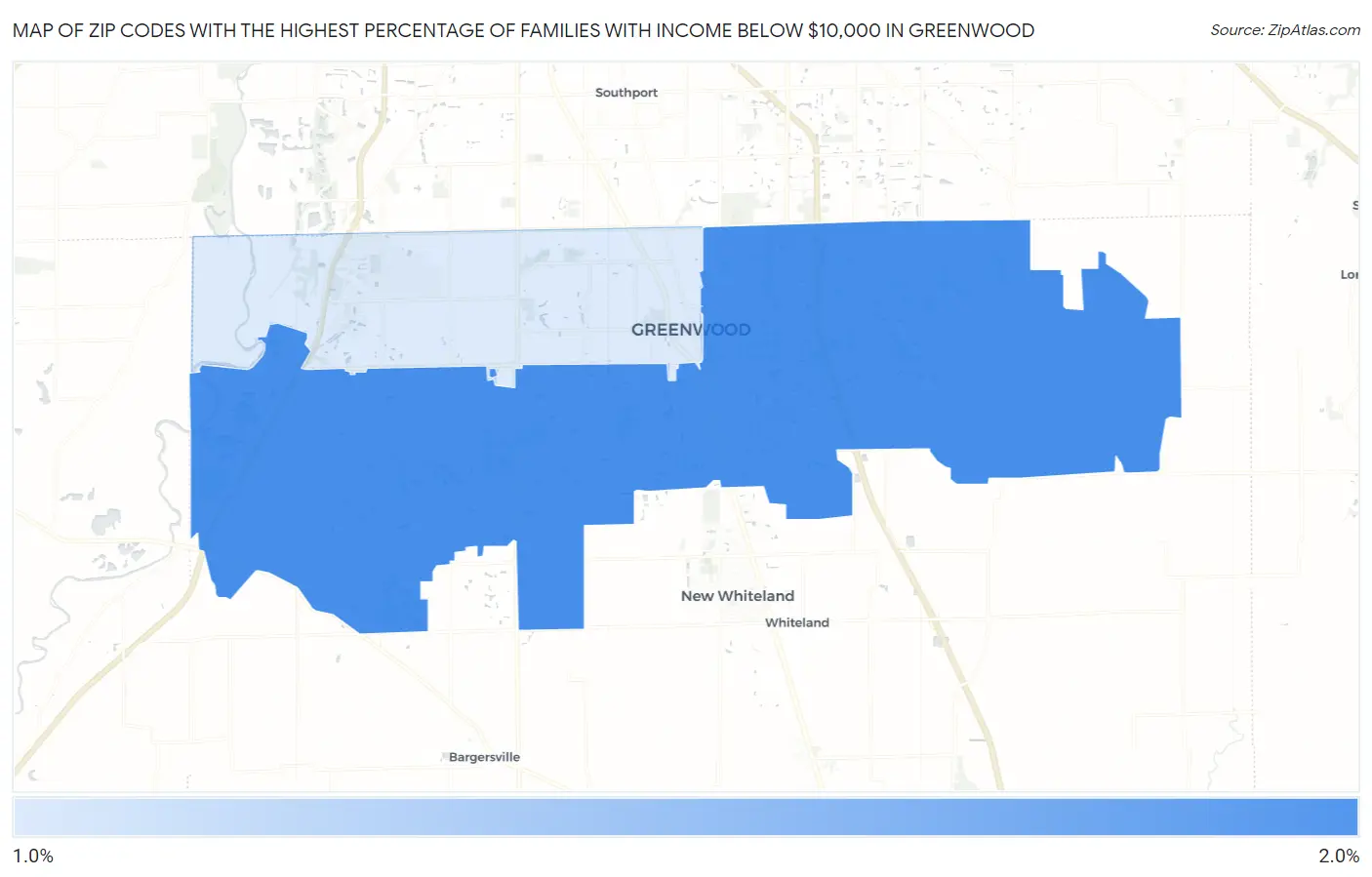Zip Codes with the Highest Percentage of Families with Income Below $10,000 in Greenwood Map