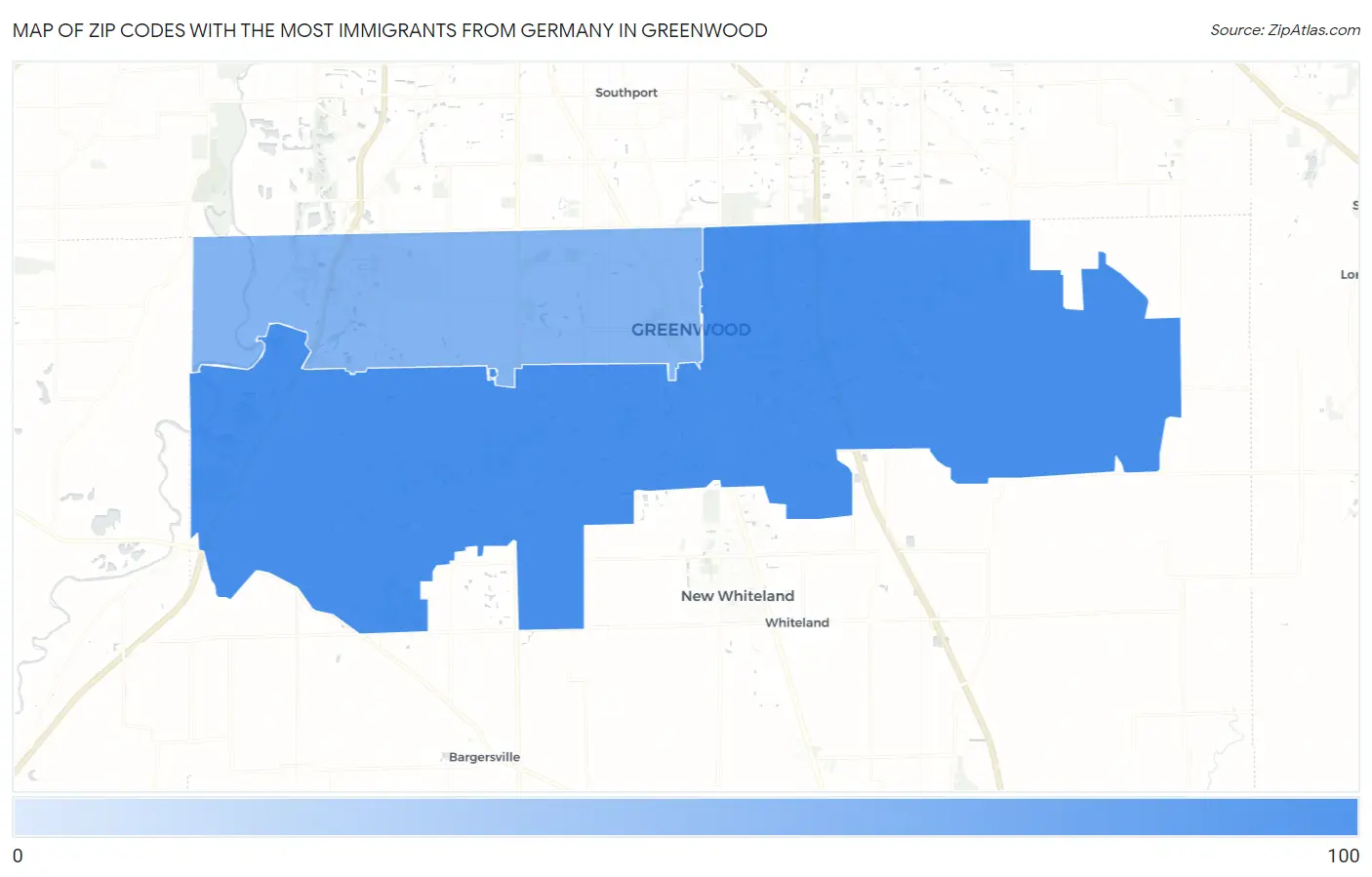 Zip Codes with the Most Immigrants from Germany in Greenwood Map