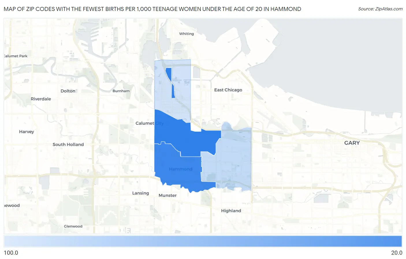 Zip Codes with the Fewest Births per 1,000 Teenage Women Under the Age of 20 in Hammond Map