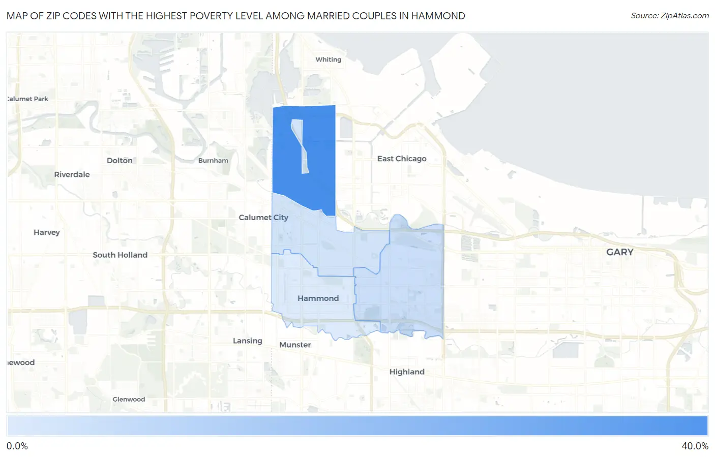 Zip Codes with the Highest Poverty Level Among Married Couples in Hammond Map