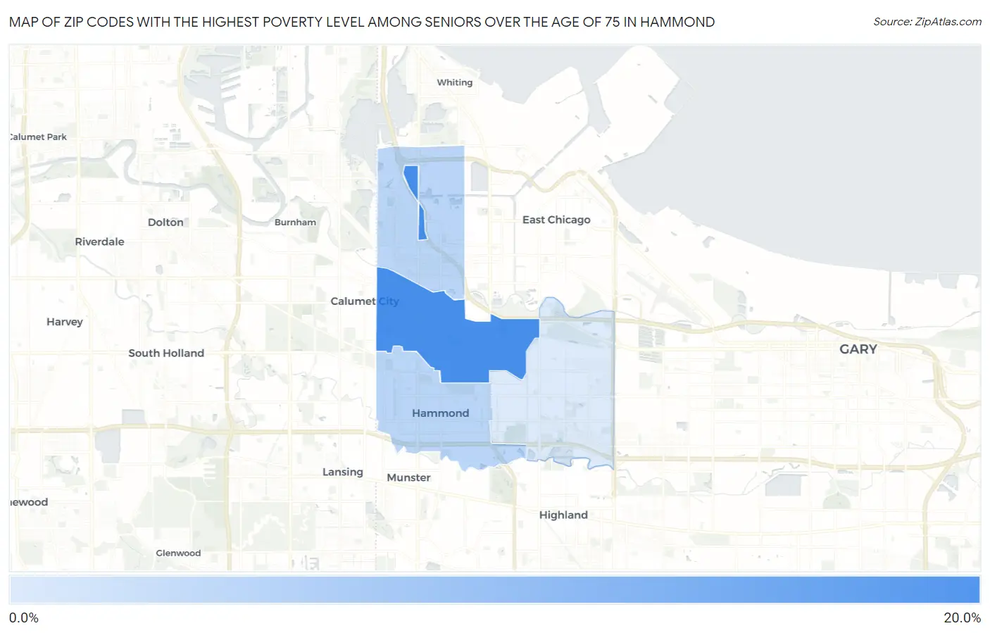 Zip Codes with the Highest Poverty Level Among Seniors Over the Age of 75 in Hammond Map