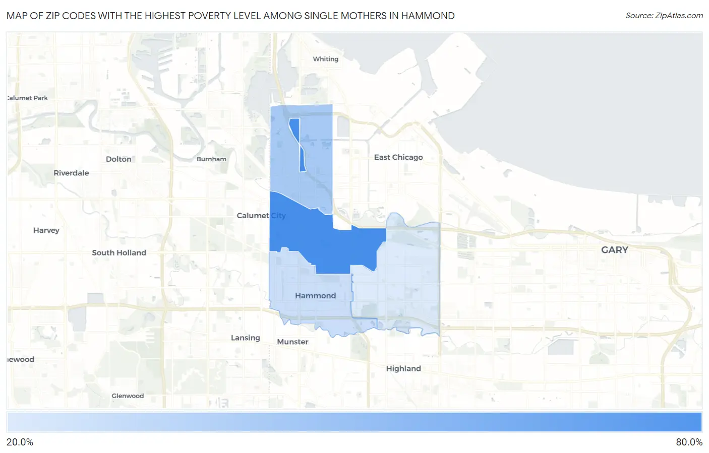 Zip Codes with the Highest Poverty Level Among Single Mothers in Hammond Map