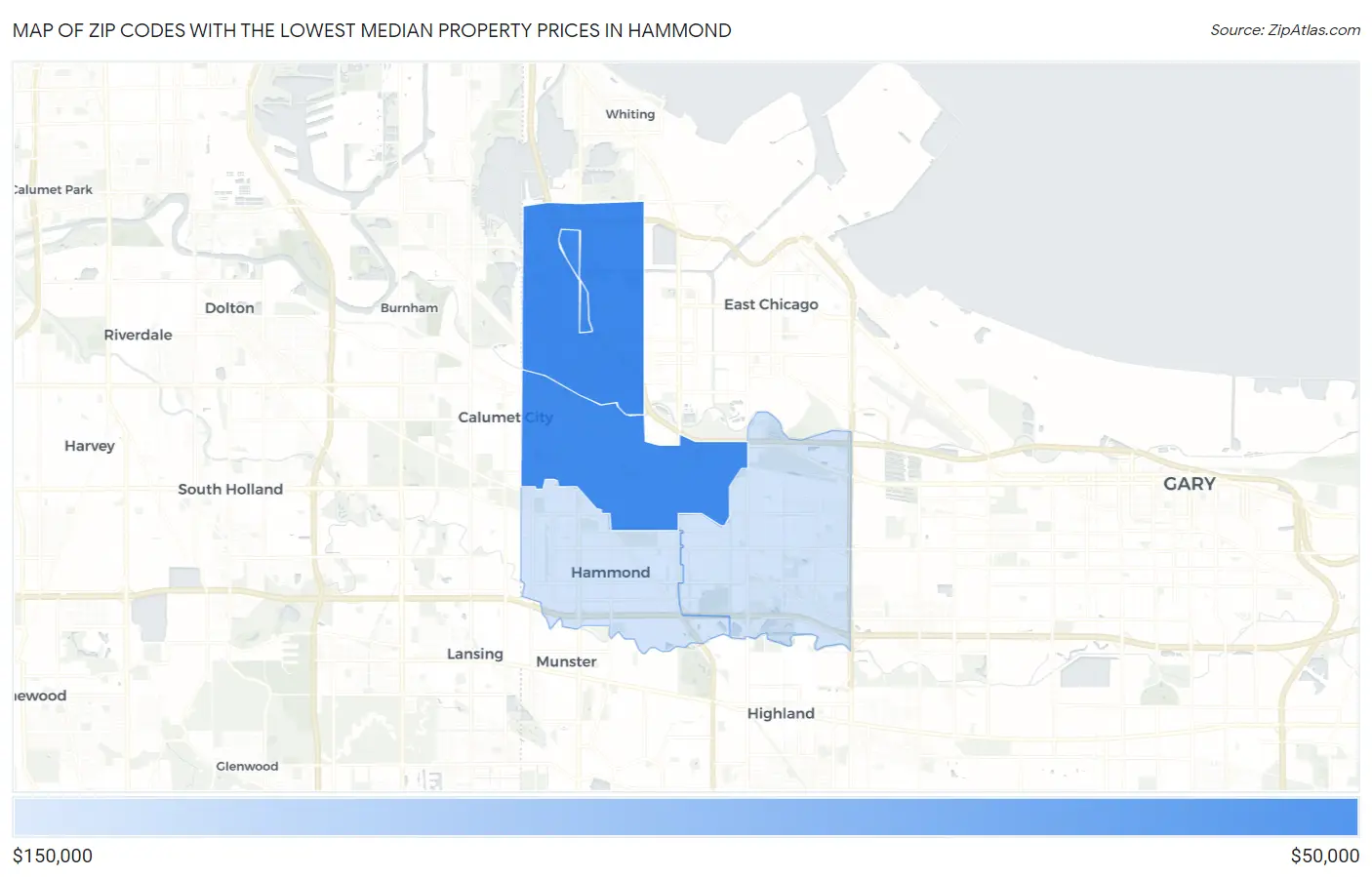 Zip Codes with the Lowest Median Property Prices in Hammond Map