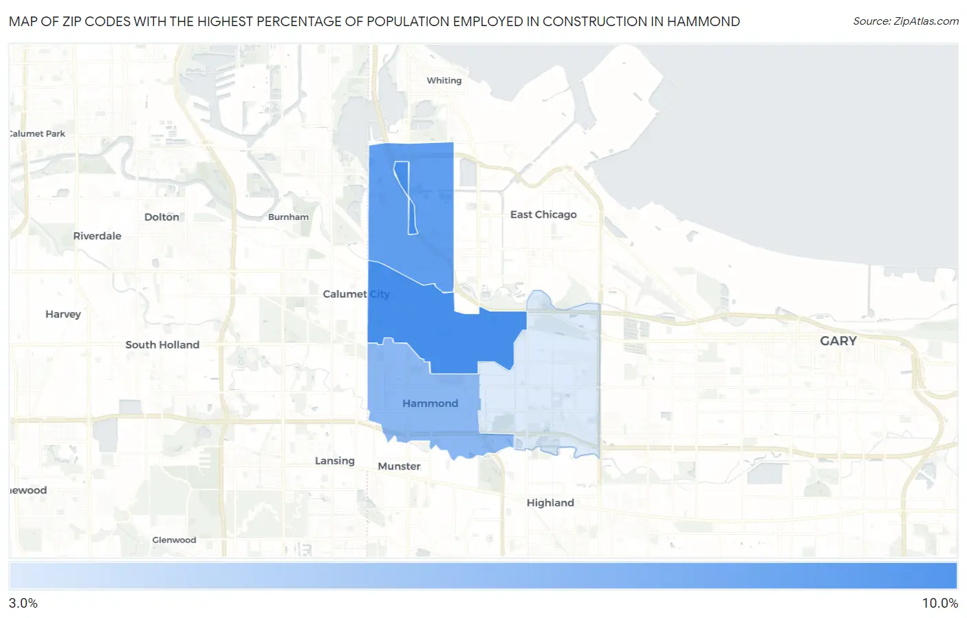 Zip Codes with the Highest Percentage of Population Employed in Construction in Hammond Map