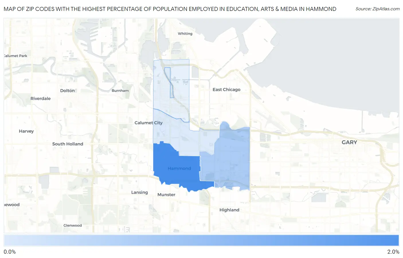 Zip Codes with the Highest Percentage of Population Employed in Education, Arts & Media in Hammond Map