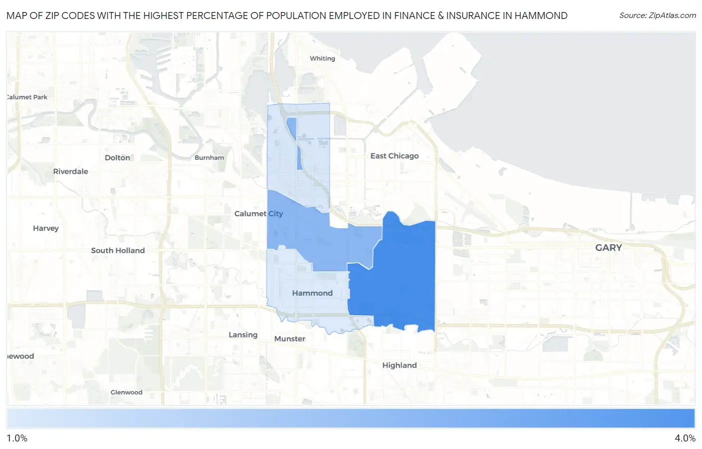 Zip Codes with the Highest Percentage of Population Employed in Finance & Insurance in Hammond Map