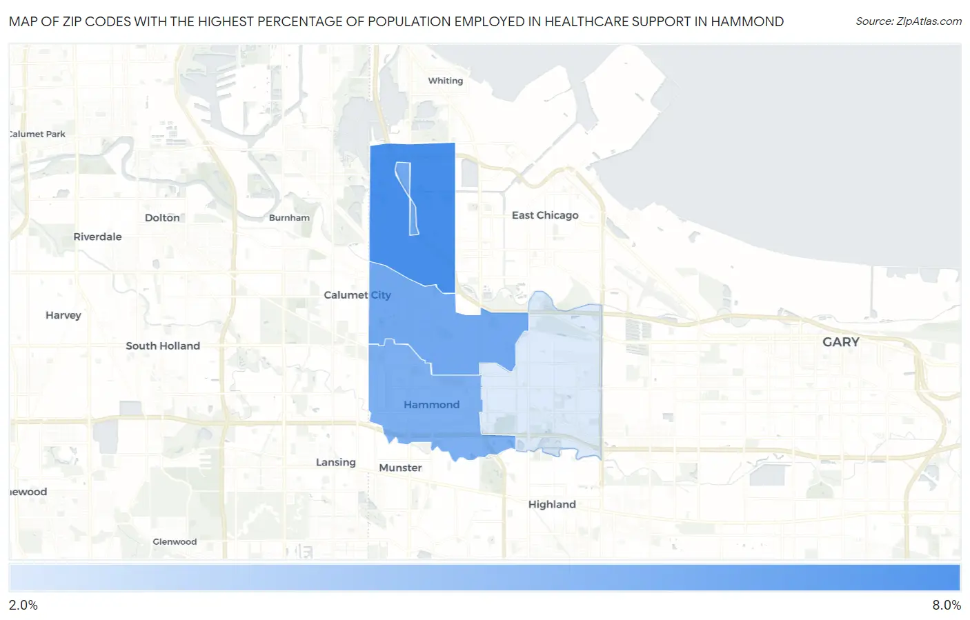 Zip Codes with the Highest Percentage of Population Employed in Healthcare Support in Hammond Map