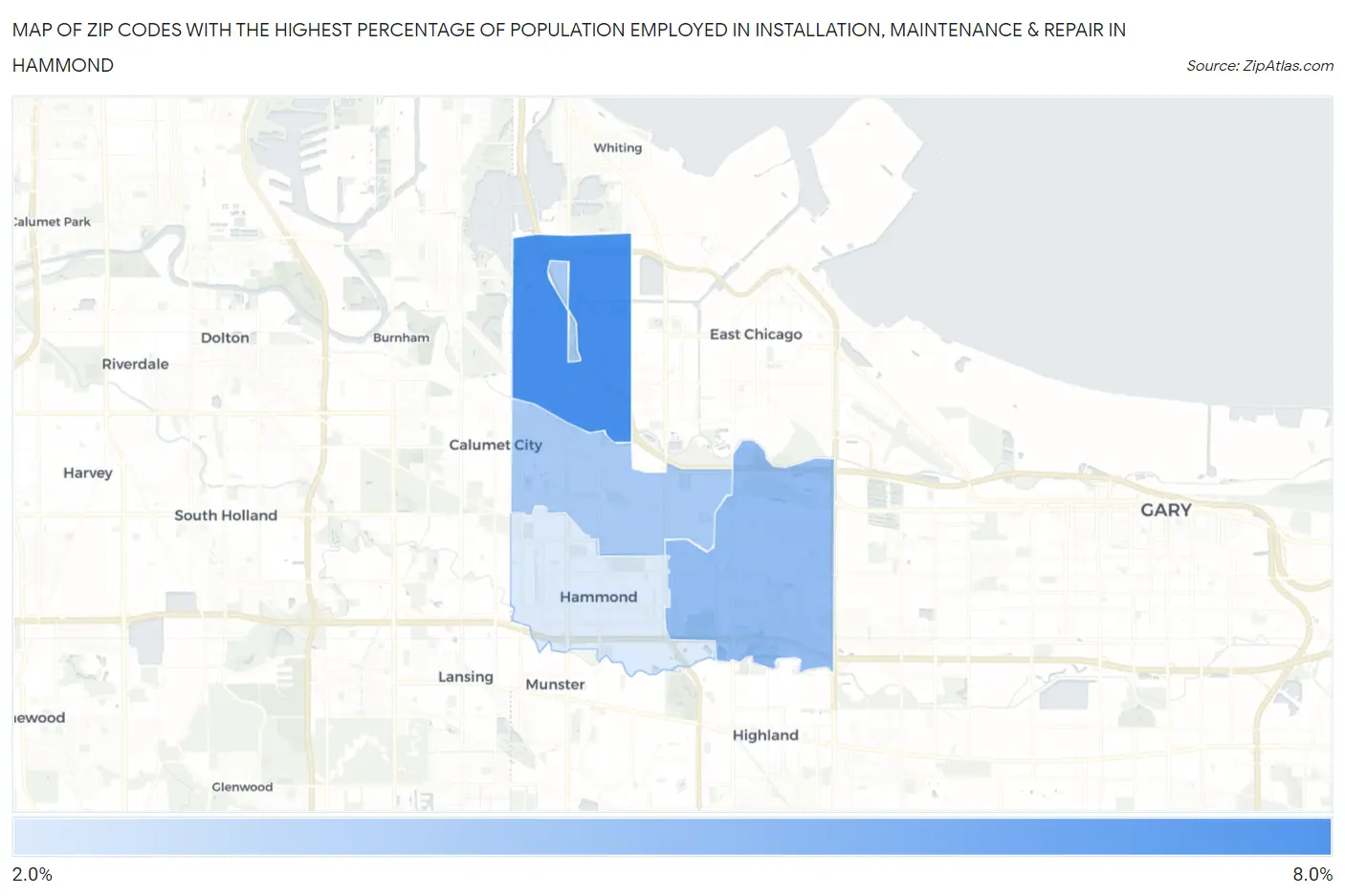 Zip Codes with the Highest Percentage of Population Employed in Installation, Maintenance & Repair in Hammond Map