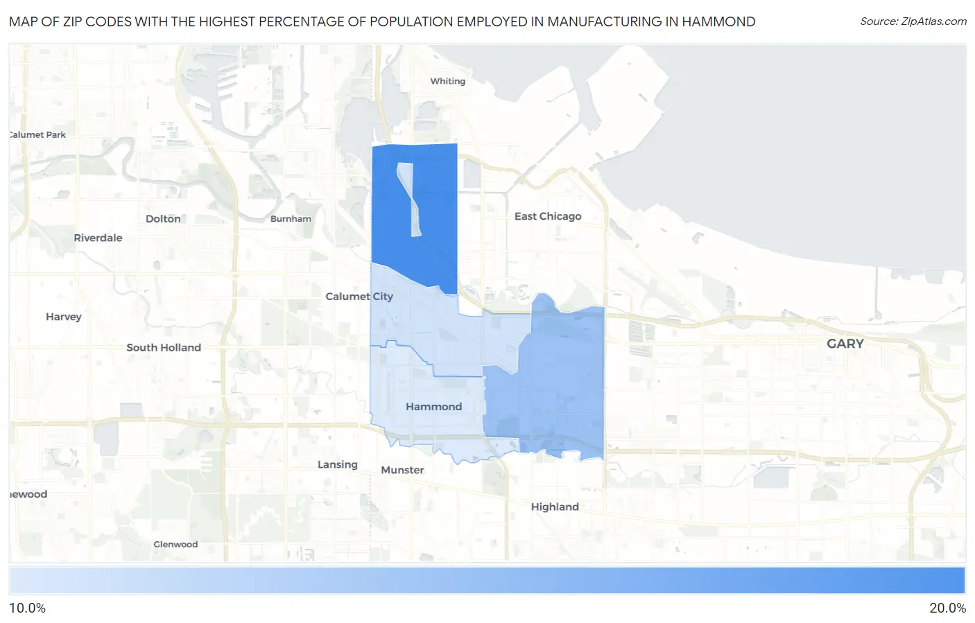 Zip Codes with the Highest Percentage of Population Employed in Manufacturing in Hammond Map