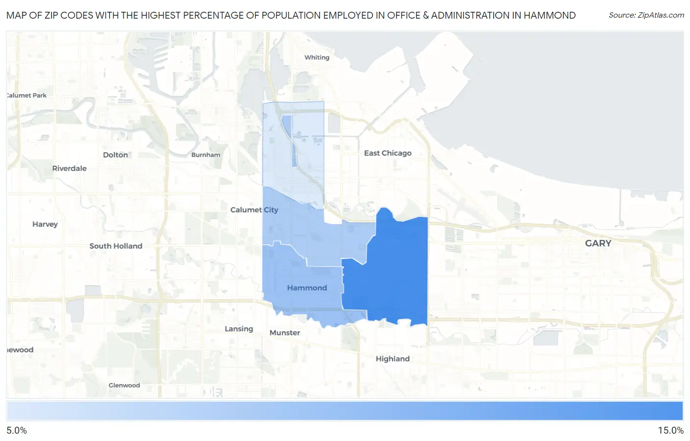 Zip Codes with the Highest Percentage of Population Employed in Office & Administration in Hammond Map
