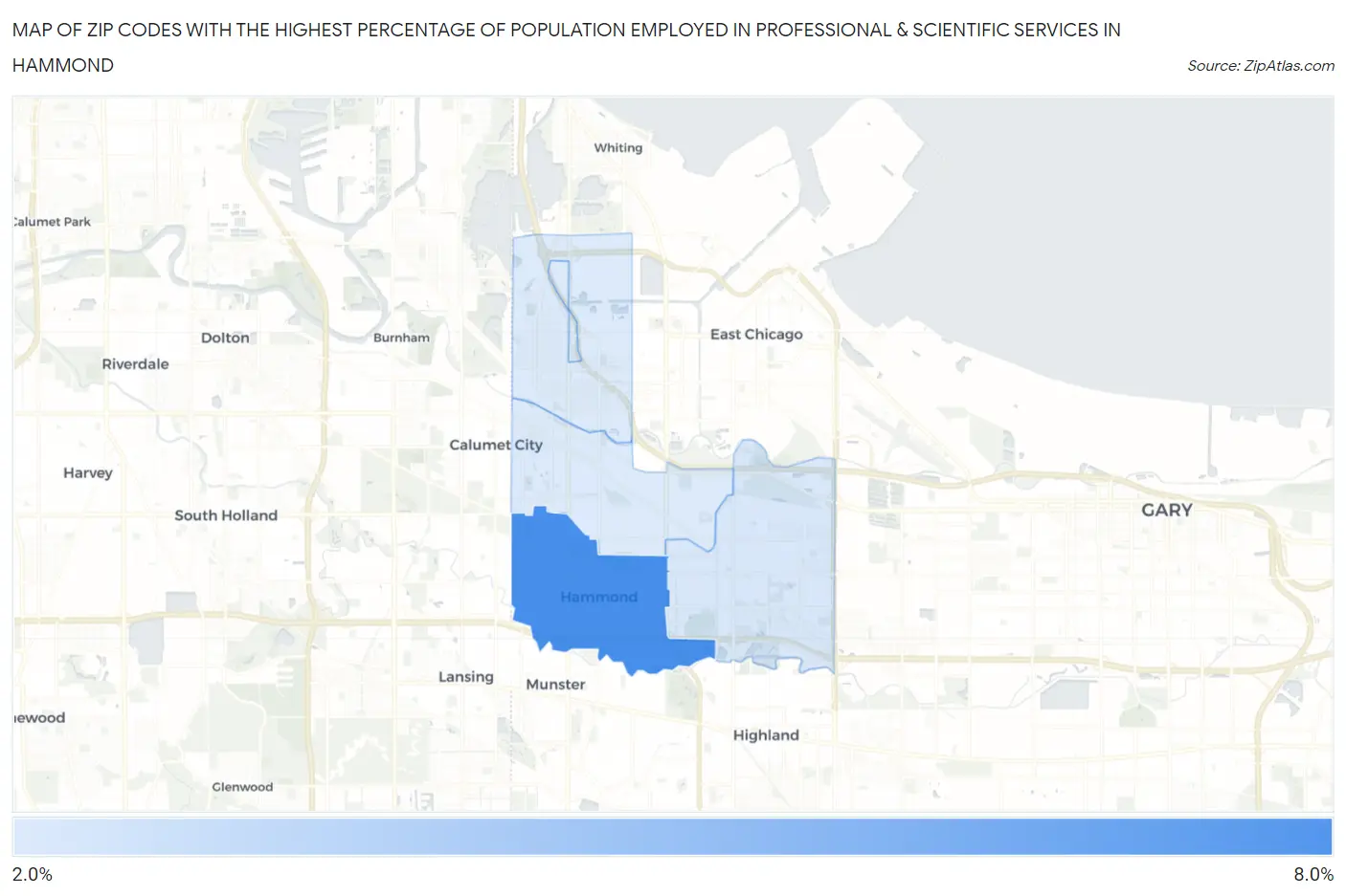 Zip Codes with the Highest Percentage of Population Employed in Professional & Scientific Services in Hammond Map