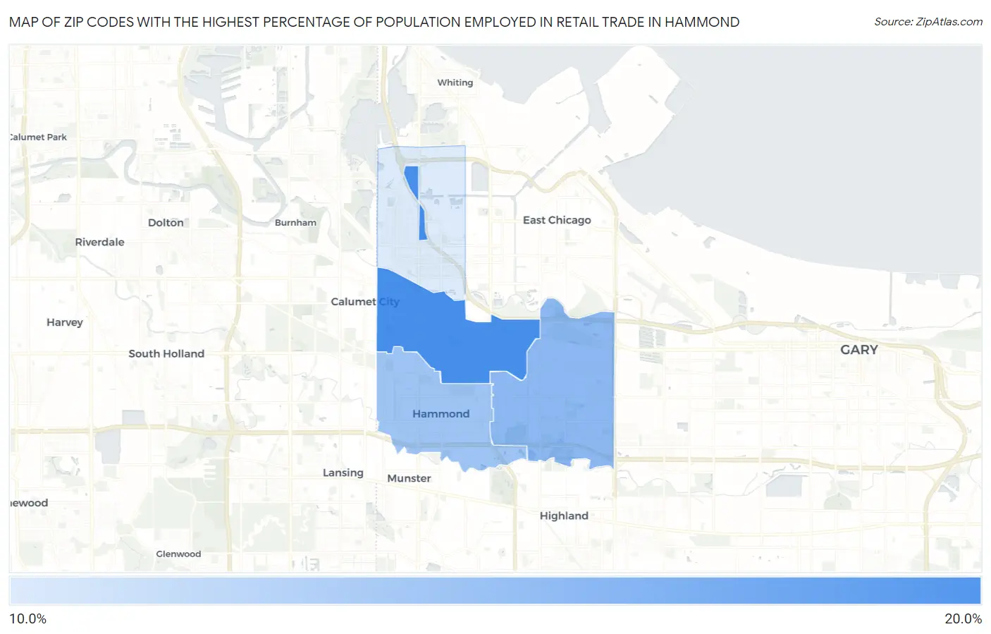 Zip Codes with the Highest Percentage of Population Employed in Retail Trade in Hammond Map