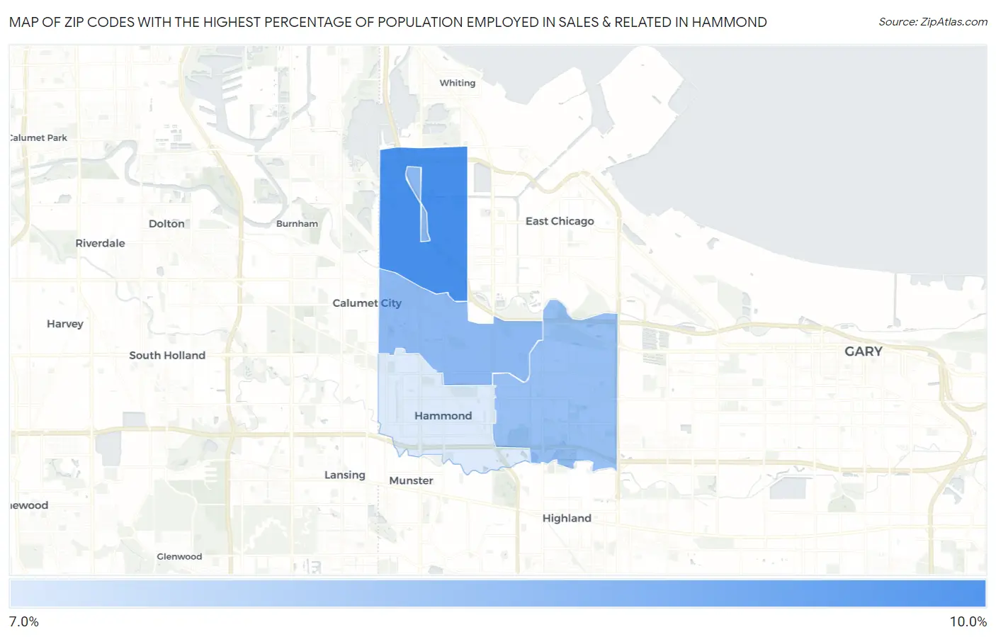 Zip Codes with the Highest Percentage of Population Employed in Sales & Related in Hammond Map